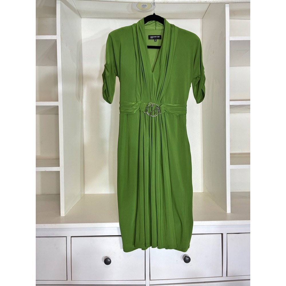 Jones New York Dress Womens 6 Green Draped V-Neck Pleated Silver Buckle Sheath